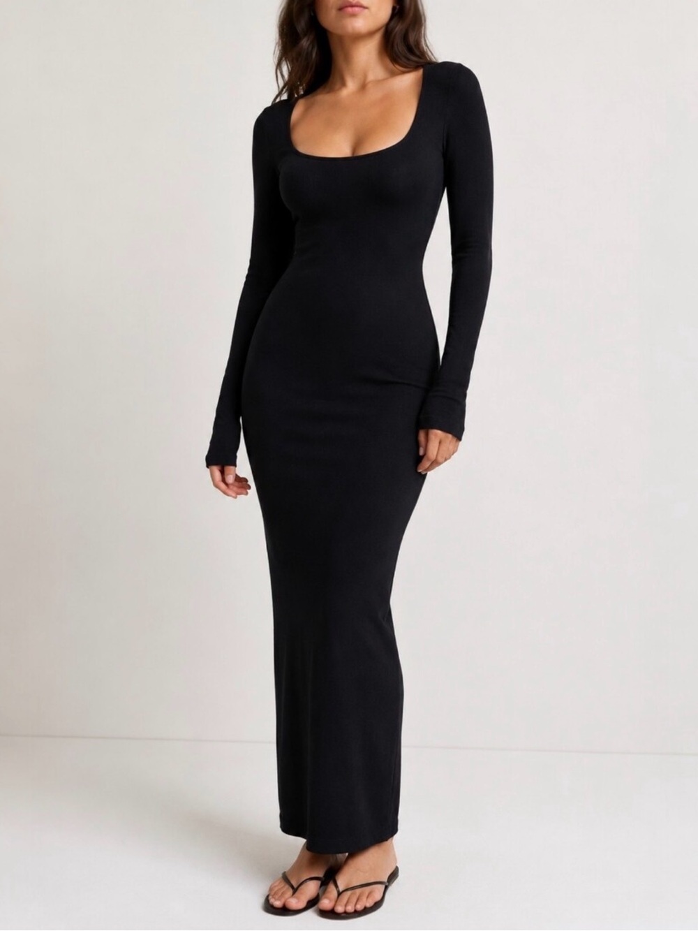 SKIMS Ribbed Black Long Sleeve Scoop Neck Maxi Dress
